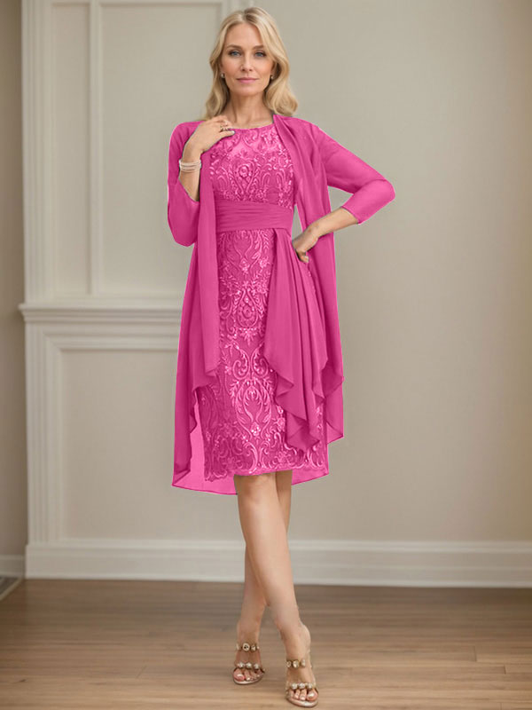 Vestido de madre de la novia de gasa con encaje, escote redondo, ilusión, largo hasta la rodilla, con volantes en cascada y lentejuelas