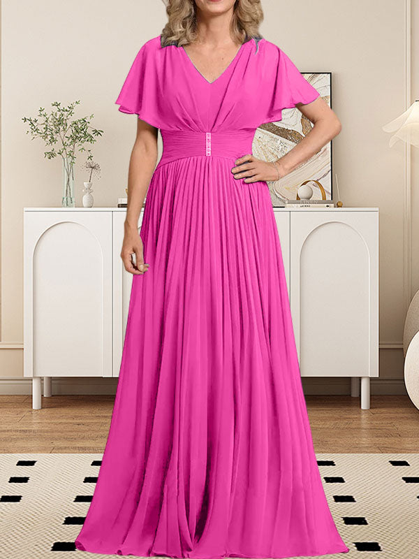 Vestido de gasa para madre de la novia, corte A, escote en V, largo hasta el suelo, con broche de cristal y plisado