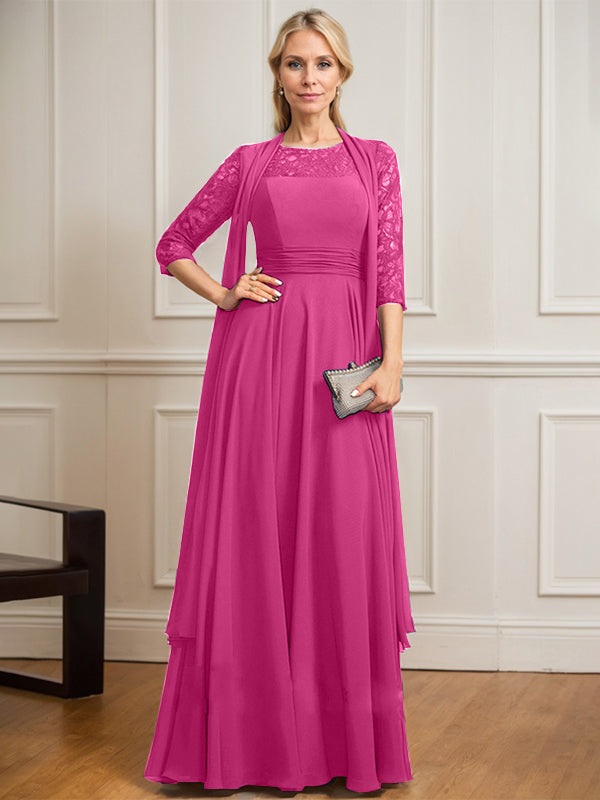 Vestido de gasa de encaje con ilusión de corte A hasta el suelo para madre de la novia con pliegues