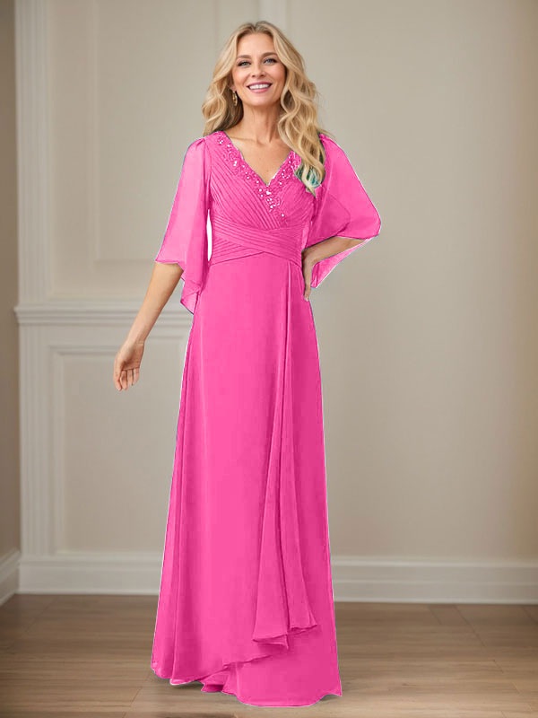 Vestido largo de gasa con lentejuelas y escote en V en forma de A para madre