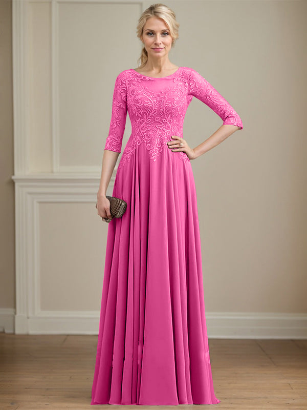 Vestido de gasa con encaje y lentejuelas para madre de la novia, corte A, escote ilusión, largo hasta el suelo