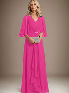 Vestido de gasa para madre de la novia, corte A, escote en V, largo hasta el suelo, con volantes en cascada y broche de cristal
