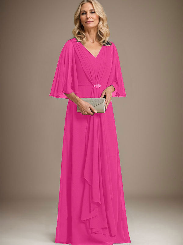 Vestido de gasa para madre de la novia, corte A, escote en V, largo hasta el suelo, con volantes en cascada y broche de cristal
