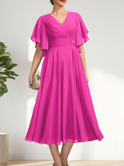 A-line V-Neck Tea-Length Chiffon Mother of the Bride Dress With Pleated Beading