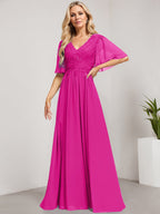Vestido de madre de la novia de gasa con encaje, escote en V y lentejuelas, largo hasta el suelo
