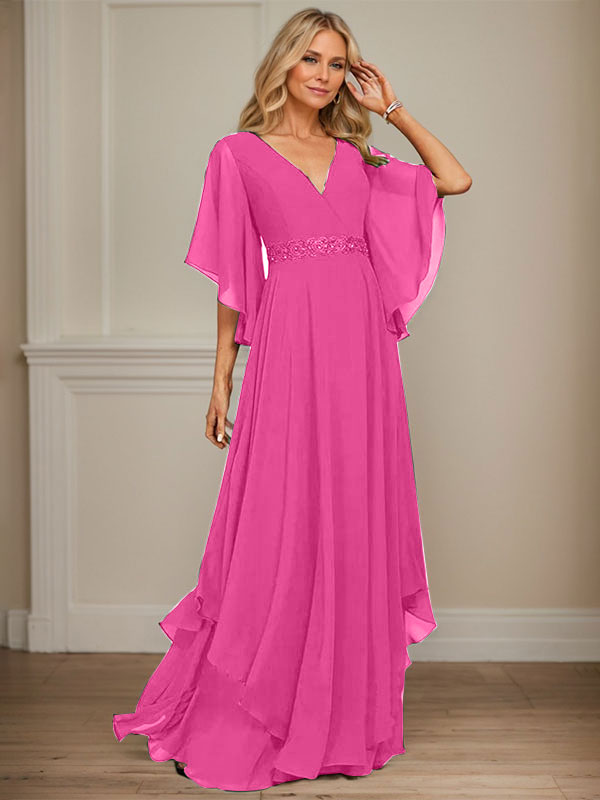 Vestido de gasa para madre de la novia, corte A, escote en V, largo hasta el suelo, con apliques de lentejuelas, encaje y abalorios