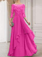 Vestido de gasa con encaje, corte A, escote ilusión, largo hasta el suelo, para madre de la novia con volantes en cascada