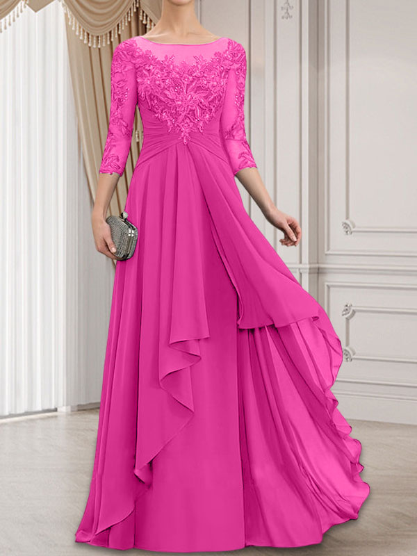 A-line Scoop Illusion Floor-Length Lace Chiffon Mother of the Bride Dress With Cascading Ruffles