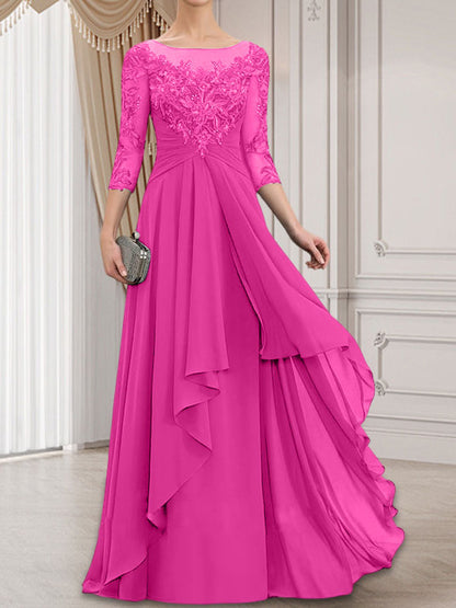 A-line Scoop Illusion Floor-Length Lace Chiffon Mother of the Bride Dress With Cascading Ruffles