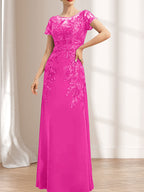 Vestido de madre de la novia de gasa con encaje, escote redondo, ilusión, largo hasta el suelo, con lentejuelas