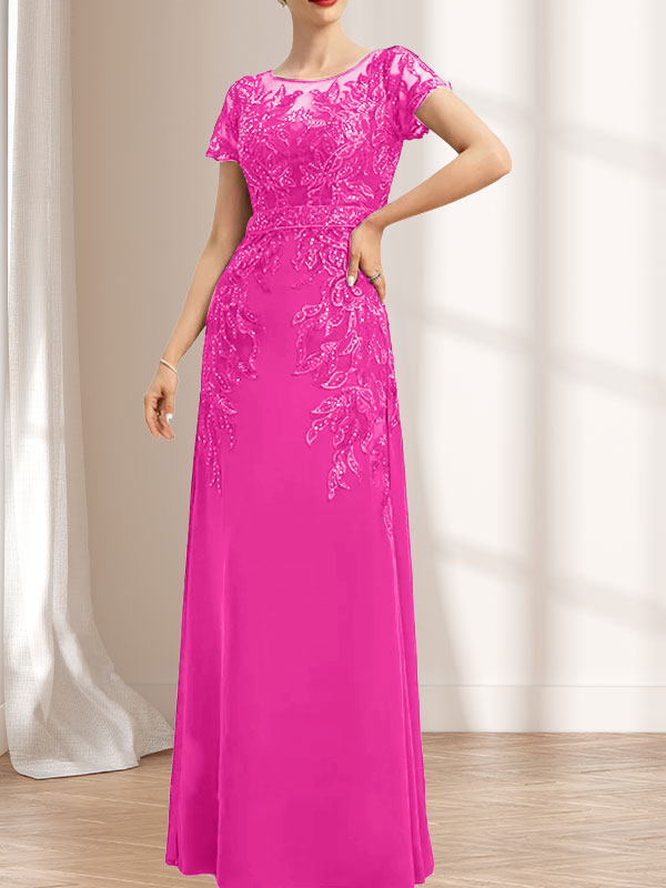 Vestido de madre de la novia de gasa con encaje, escote redondo, ilusión, largo hasta el suelo, con lentejuelas