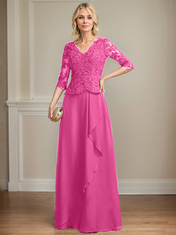 Vestido de madre de la novia de gasa con encaje, escote en V, largo hasta el suelo, con volantes en cascada y lentejuelas