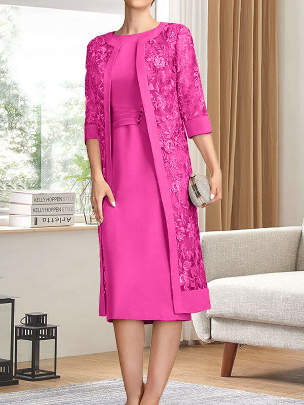 Vestido de gasa para madre de la novia con escote redondo hasta la rodilla, corte tubo/columna y lentejuelas plisadas