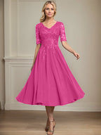 Vestido de gasa con encaje y lentejuelas para madre de la novia, corte A, escote en V y largo hasta la rodilla