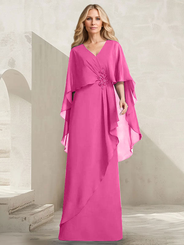Vestido de gasa para madre de la novia con escote en V, corte A y largo hasta el suelo, con volantes en cascada y cuentas