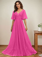 Vestido de gasa para madre de la novia, corte A, escote en V, largo hasta el suelo, con apliques de lentejuelas y encaje plisado