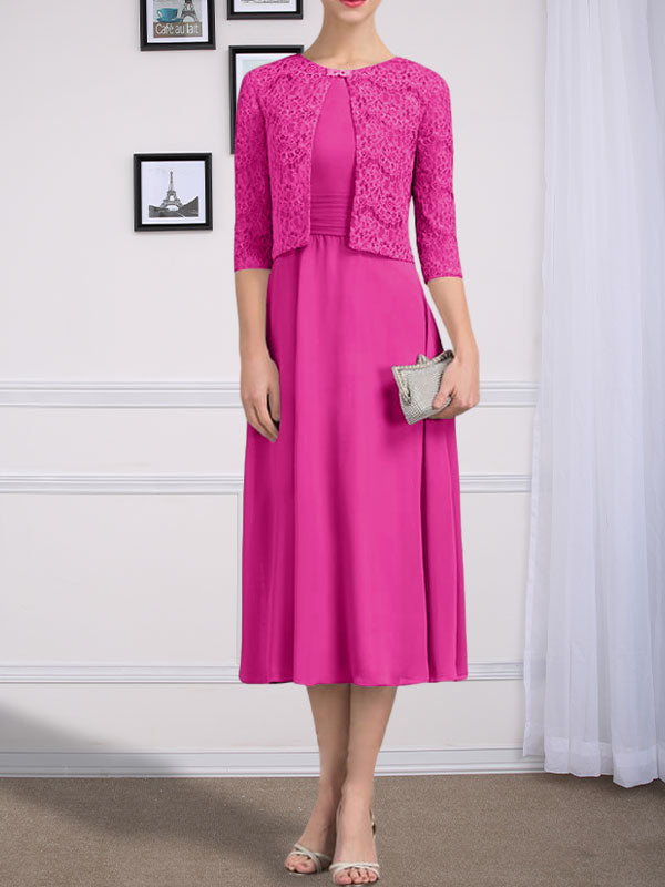 Vestido de gasa para madre de la novia con corte en A, escote redondo y largo hasta la rodilla con pliegues
