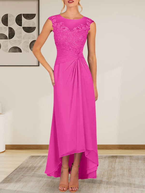 Vestido de gasa con encaje y escote redondo en forma de A color champán