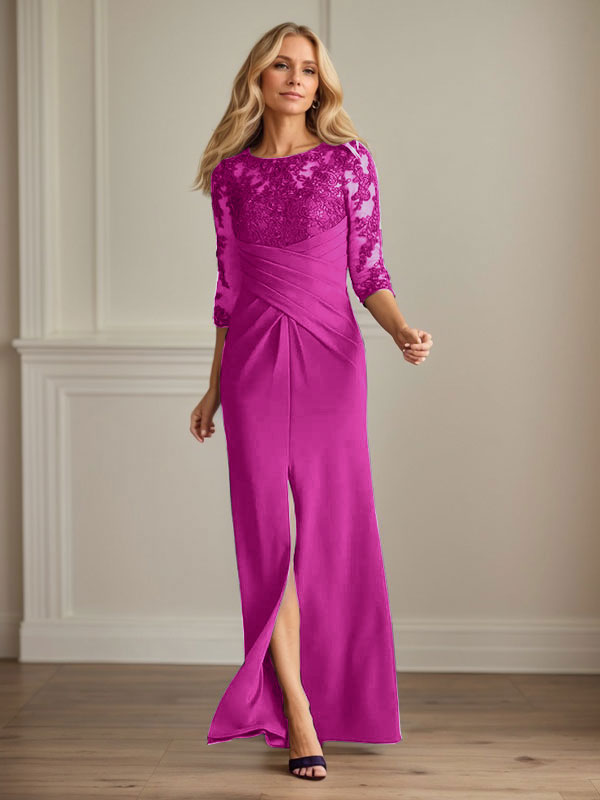 Vestido para madre de la novia de crepé elástico con encaje color ciruela