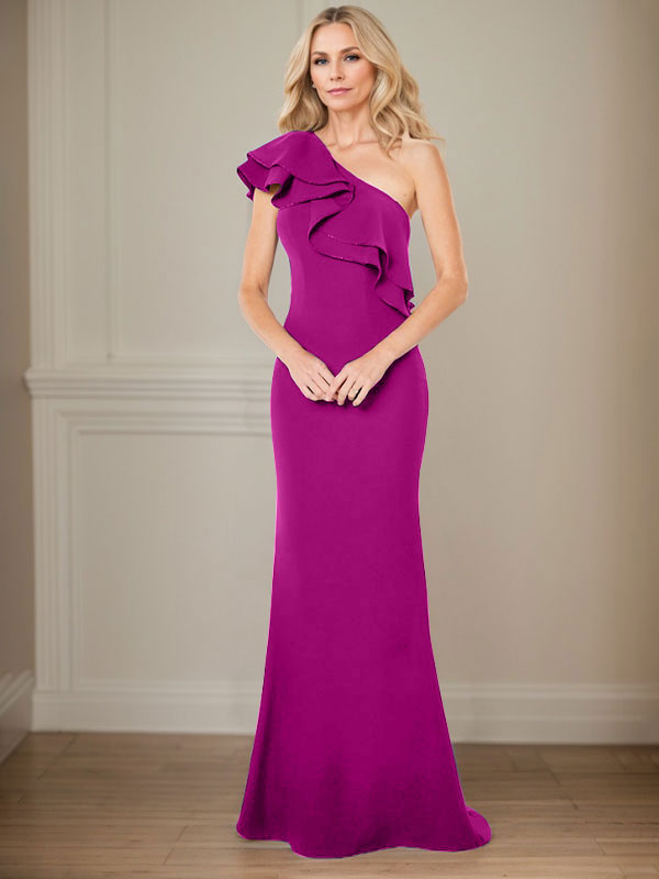A-Linie One-Shoulder-Bodenlanges Chiffon-Kleid für die Brautmutter mit Rüschen 