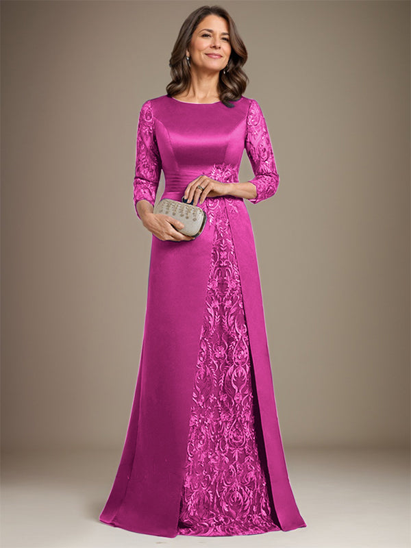 Vestido de madre de la novia de satén con encaje, corte A, largo hasta el suelo y apliques