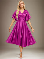 A-Linie V-Ausschnitt Wadenlanges Stretch Satin Kleid für die Brautmutter mit Perlenbesatz Plissee 