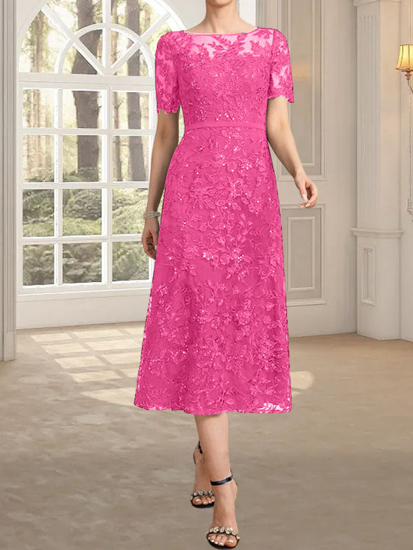 Vestido de madre de la novia de encaje con lentejuelas, corte A, escote ilusión y largo hasta la rodilla