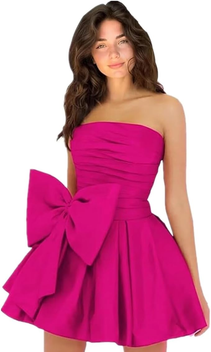 Vestidos de fiesta cortos y elegantes de corte A, sin mangas, sin tirantes, fruncidos, con cordones y lazo