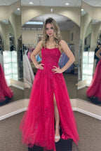 Fuchsia A-Linie Tüll U-Ausschnitt Applikation Schlitz Langes Ballkleid PSK459