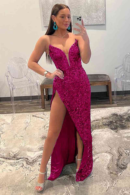 Trägerloses Pailletten-Ballkleid mit Schlitz SYP112 
