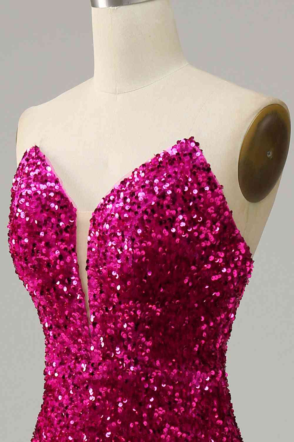 Trägerloses Pailletten-Ballkleid mit Schlitz SYP112 