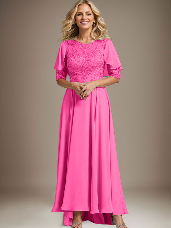 Vestido de madre de la novia de gasa asimétrica con encaje, ilusión, corte A y escote redondo con cuentas