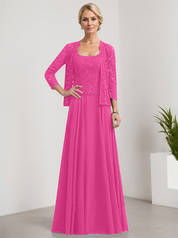Vestido de madre de la novia de gasa con encaje, corte A, largo hasta el suelo, cuadrado y lentejuelas