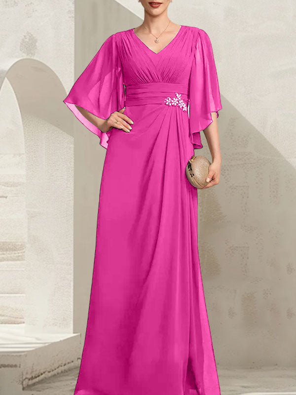Etui-Linie/Säule V-Ausschnitt Bodenlang Chiffon Kleid für die Brautmutter mit Plissee Pailletten Perlenbesatz