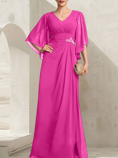 Etui-Linie/Säule V-Ausschnitt Bodenlang Chiffon Kleid für die Brautmutter mit Plissee Pailletten Perlenbesatz