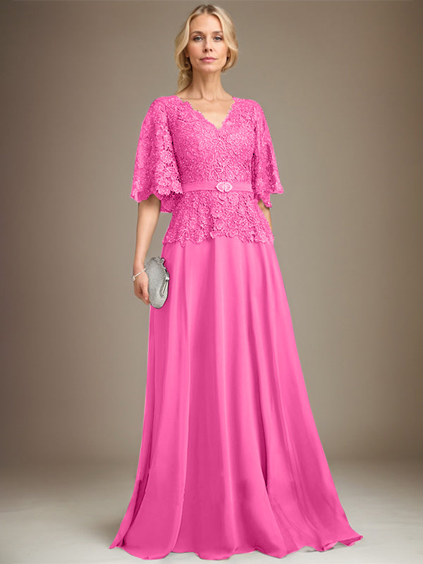 A-Linie V-Ausschnitt Bodenlanges Chiffon-Spitzenkleid für die Brautmutter mit Kristallbrosche und Strass 