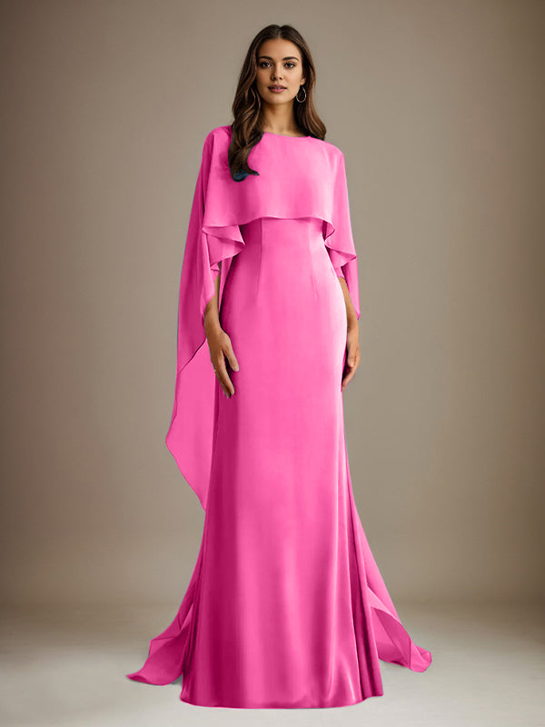 Vestido de gasa para madre de la novia, largo hasta el suelo, con escote barco y corte tubo/columna y volantes en cascada