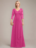 A-Linie V-Ausschnitt Bodenlanges Spitzen-Chiffon-Kleid für die Brautmutter mit kaskadierenden Rüschen und Pailletten 