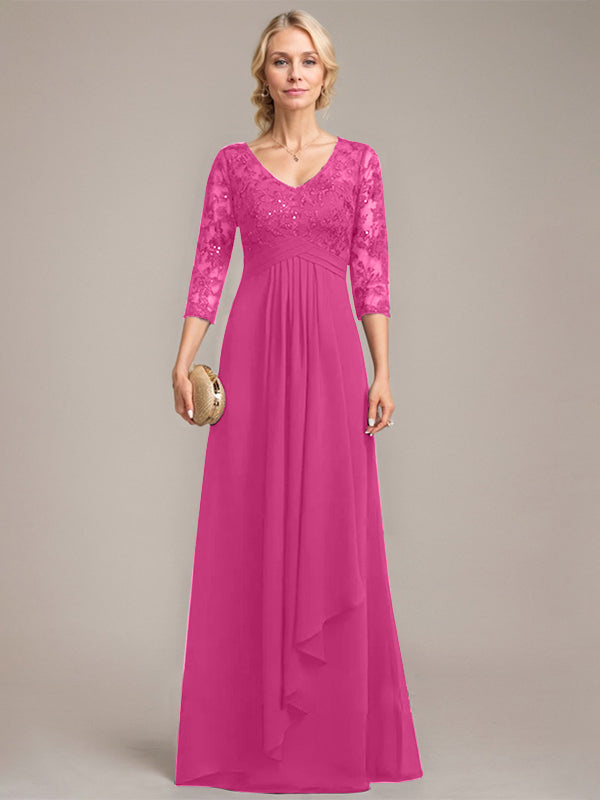 Vestido de madre de la novia de gasa con encaje, escote en V, largo hasta el suelo, con volantes en cascada y lentejuelas