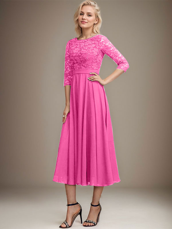 Vestido de gasa con encaje y lentejuelas para madre de la novia, corte A, escote redondo y largo hasta la rodilla
