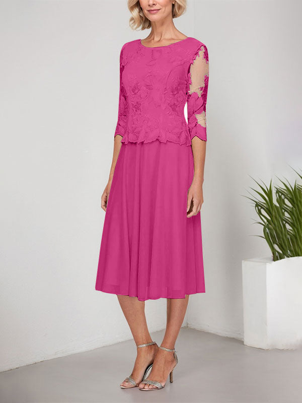 Vestido de gasa con encaje y bordado para madre de la novia, corte A, escote redondo y largo hasta la rodilla