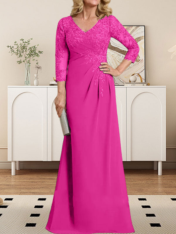 Vestido de madre de la novia de gasa con encaje, escote en V, ilusión, largo hasta el suelo, con lentejuelas plisadas