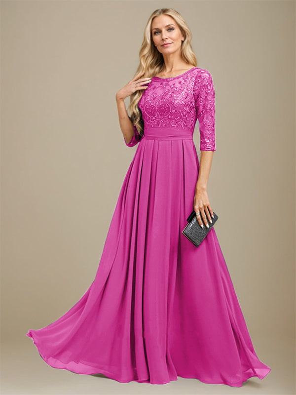 Vestido de madre de la novia de gasa con encaje, corte A, largo hasta el suelo y apliques de lentejuelas
