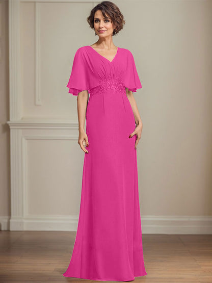 A-Linie V-Ausschnitt Bodenlanges Chiffonkleid für die Brautmutter mit plissierten Paillettenapplikationen Spitze