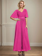 Vestido de gasa para madre de la novia con escote en V, largo hasta los tobillos, corte A y lentejuelas plisadas con cuentas