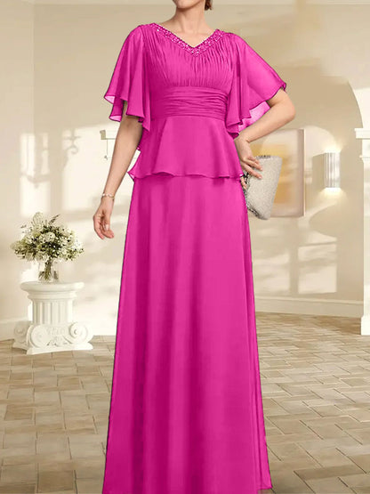 A-Linien-Kleid aus Chiffon mit V-Ausschnitt und bodenlangem Schnitt für die Brautmutter mit plissierten Perlen