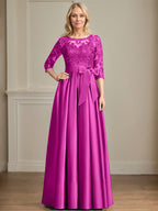 Vestido de madre de la novia de satén con encaje, corte A, escote ilusión, largo hasta el suelo, con lazo de lentejuelas