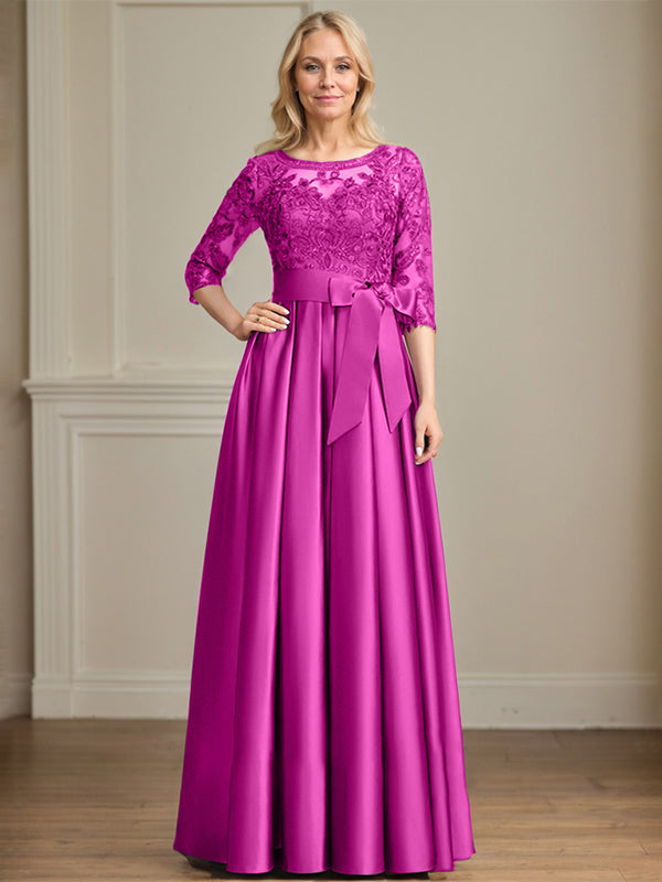 Vestido de madre de la novia de satén con encaje, corte A, escote ilusión, largo hasta el suelo, con lazo de lentejuelas