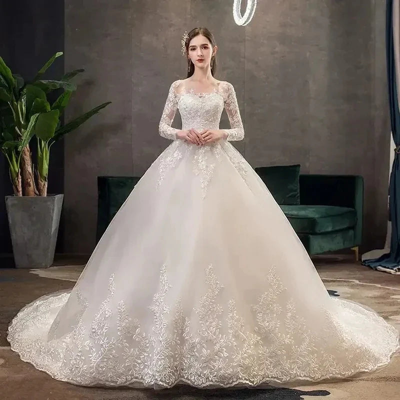 Full Sleeve Lace Long Train Wedding Dresses Illusion Long Appliques Lace Embroidery Vestido De Noiva Vestidos De Novia-payinti