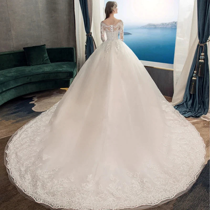 Full Sleeve Lace Long Train Wedding Dresses Illusion Long Appliques Lace Embroidery Vestido De Noiva Vestidos De Novia-payinti